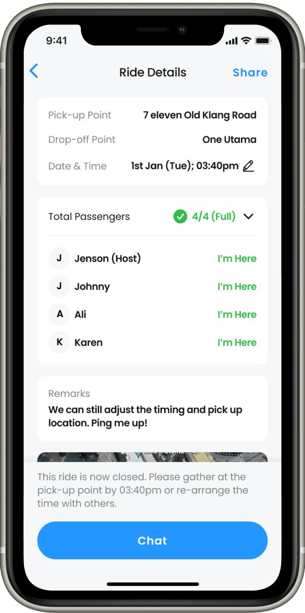 Finally, once everyone has arrived at the pickup point, tap the "I'm here" button to start the ride.